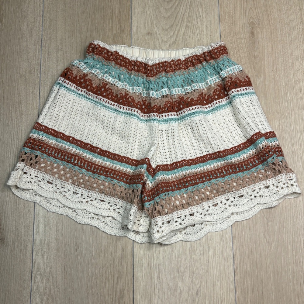 Rebellion Again Crochet Striped Shorts Cream Rust Teal Boho Festival SE6452 XS